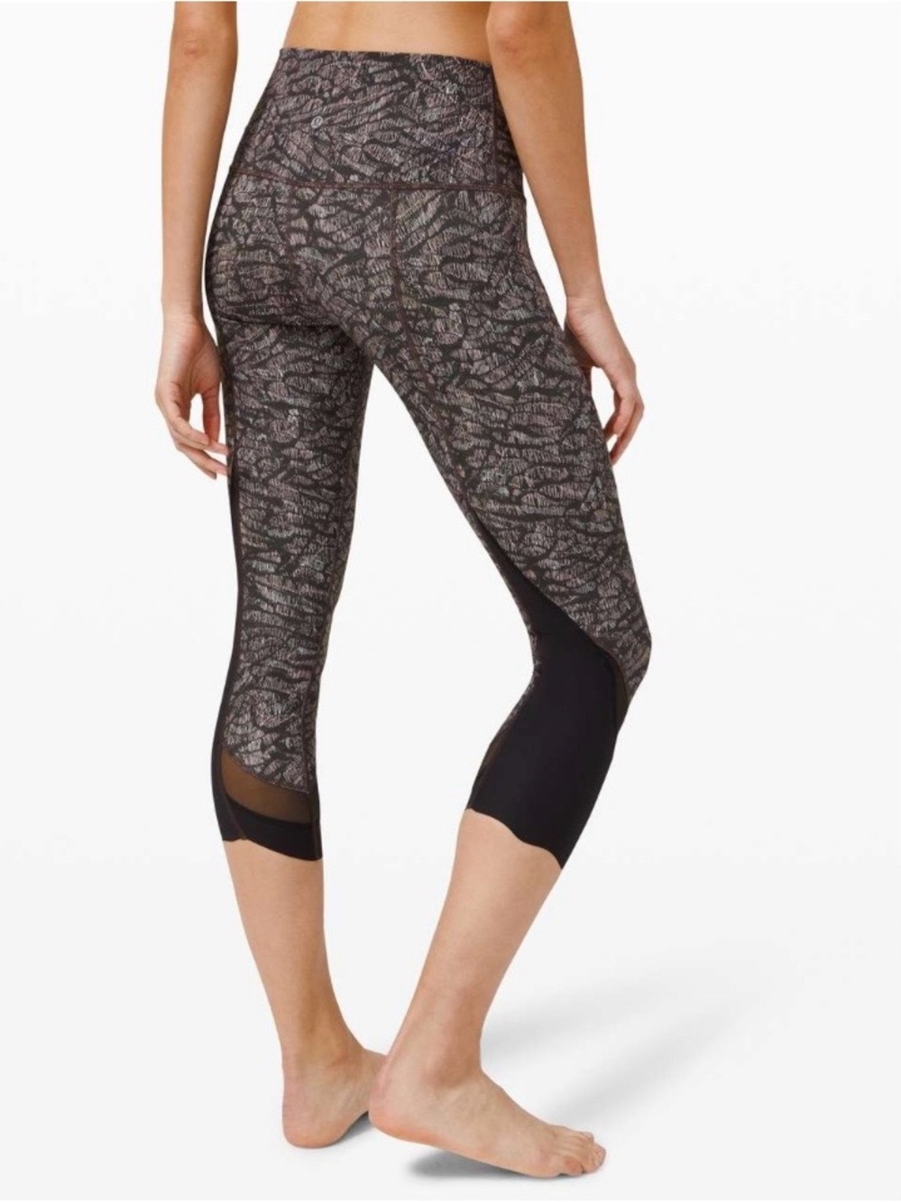 Lululemon Wunder Under Roll Down Crop High Rise Scallop Leggings Black Blush 10